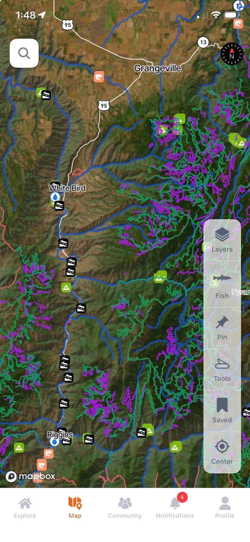FlyFishFinder interactive river map showing access points