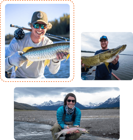 FlyFishFinder anglers holding a brown trout, a pike and a rainbow trout