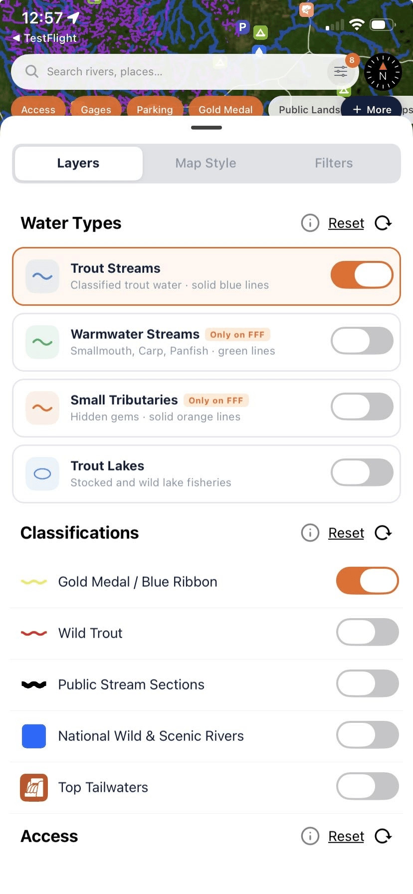 FlyFishFinder map layers: trout streams, access, and filters