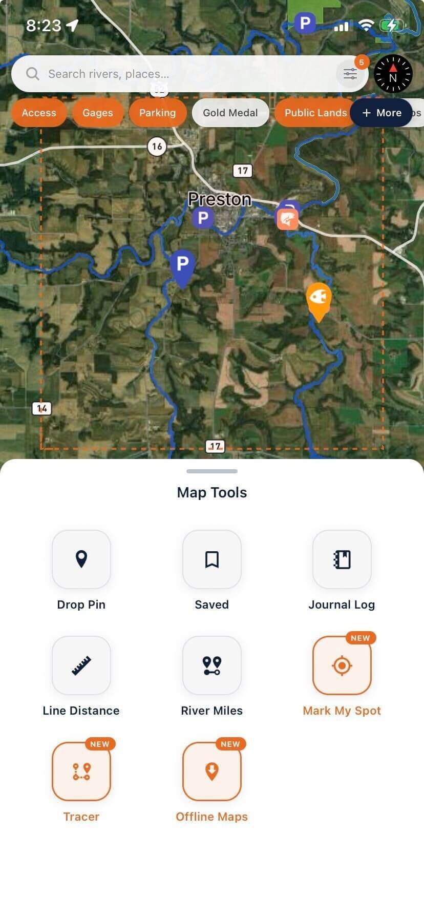 FlyFishFinder Map Tools tray: Drop Pin, Saved, Journal Log, Line Distance, River Miles, Mark My Spot, Tracer, and Offline Maps