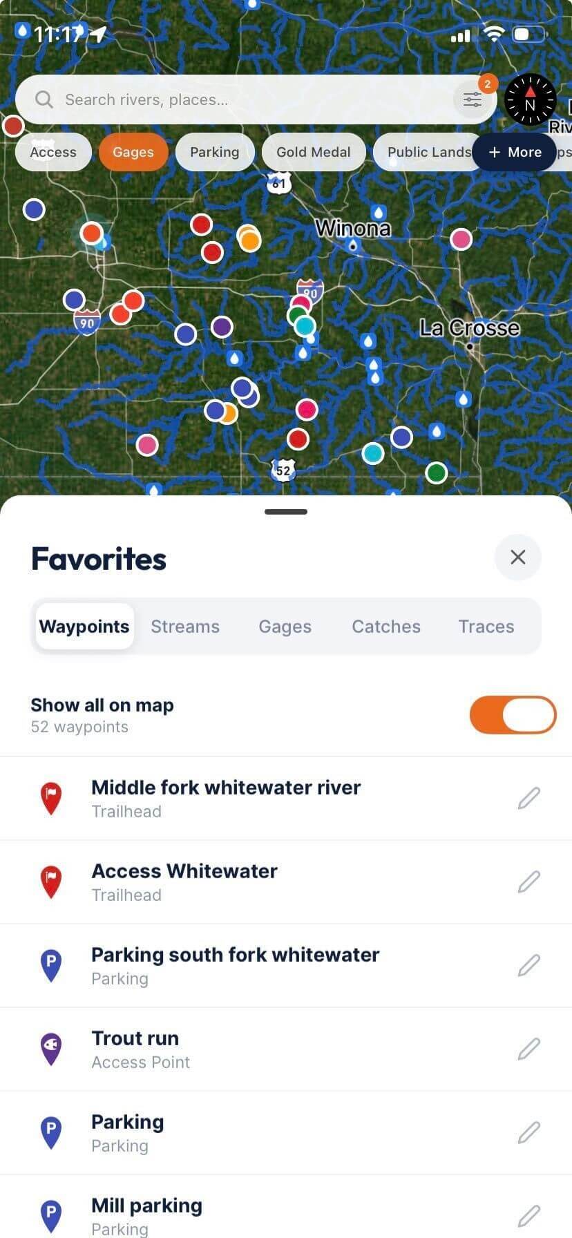 FlyFishFinder Favorites list of saved private waypoints, shown over the map