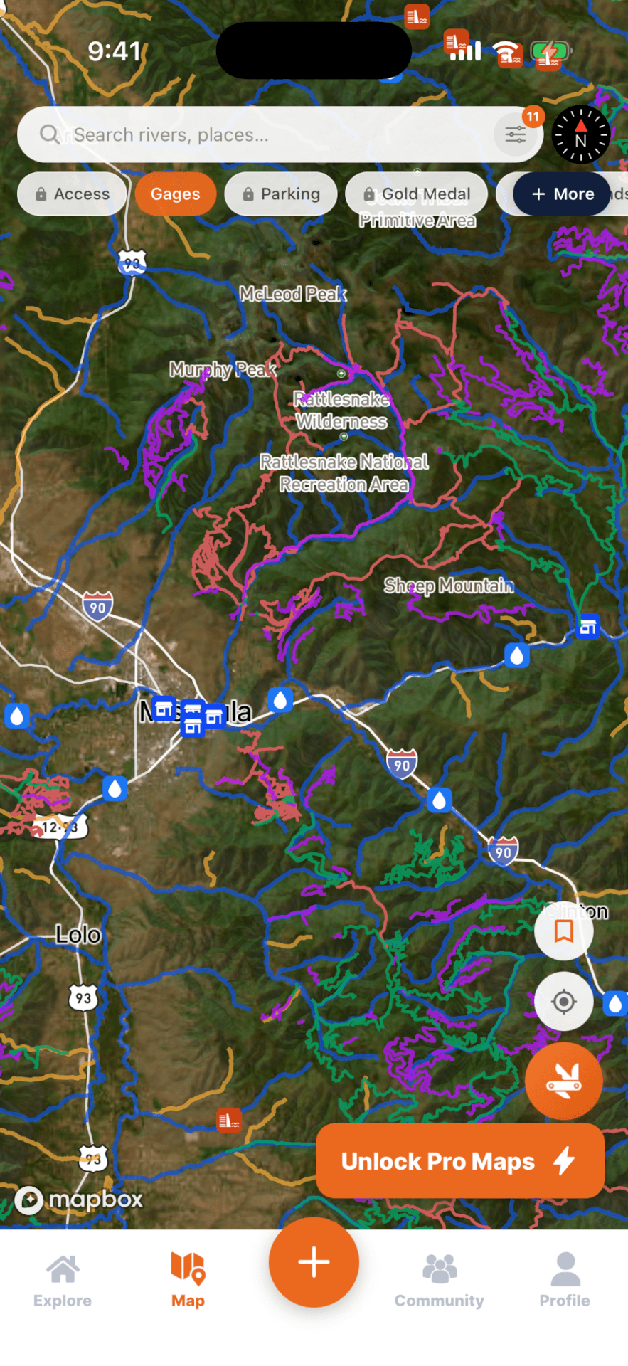 FlyFishFinder Free map of Missoula, Montana: rivers, streams, and gages