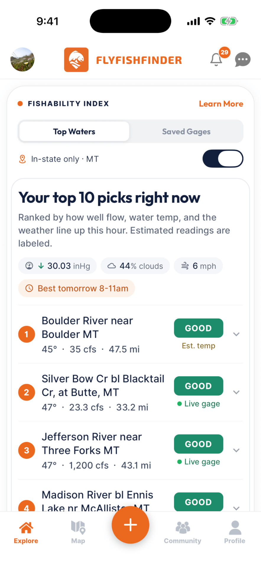 FlyFishFinder Fishability Index Top Waters: your top 10 picks right now, ranked by flow, water temp, and weather