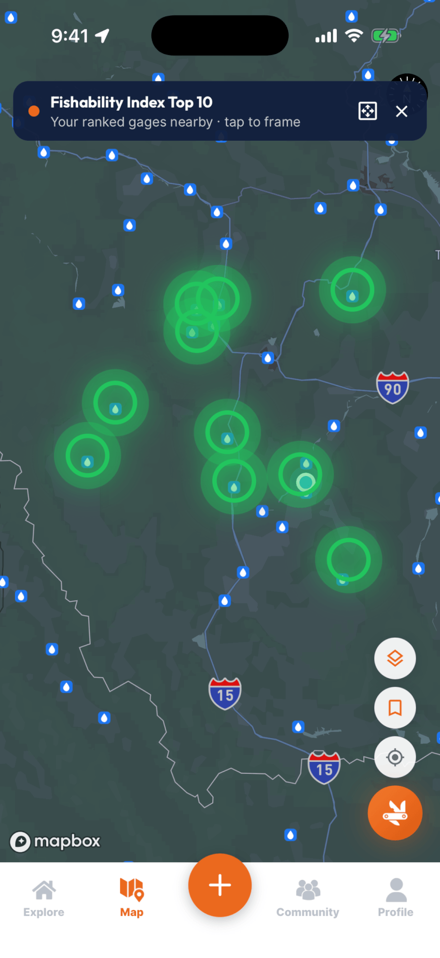FlyFishFinder map with USGS gages and the top rated water glowing green